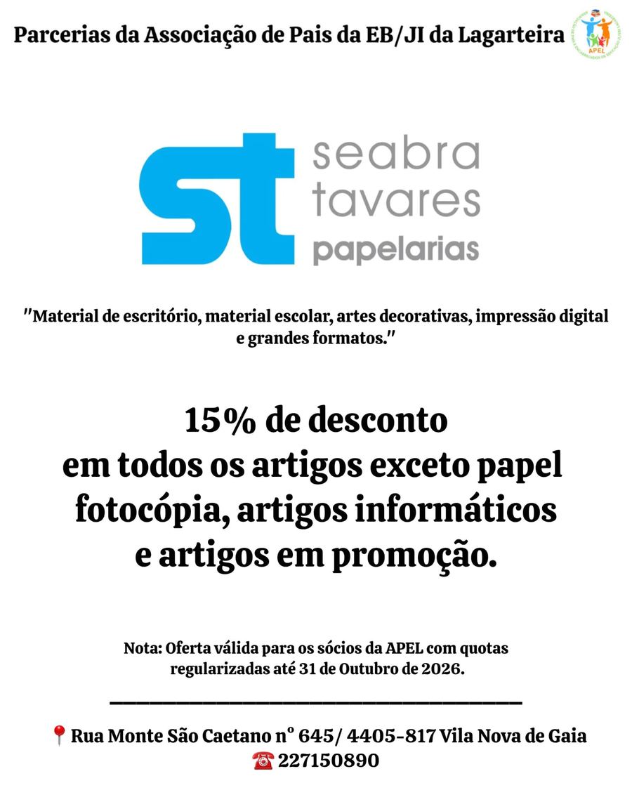 Cartaz da parceria Seabra Tavares Papelarias